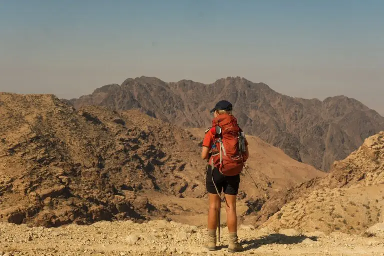 hiker with backpack and trekking poles looking at desert mountains